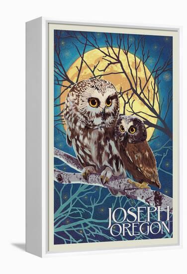 Joseph, Oregon - Owl and Owlet-Lantern Press-Framed Stretched Canvas