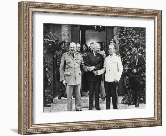 Joseph Stalin, Harry Truman, and Winston Churchill at the Potsdam Conference-null-Framed Photo