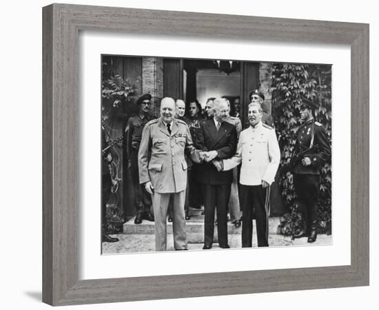 Joseph Stalin, Harry Truman, and Winston Churchill at the Potsdam Conference-null-Framed Photo