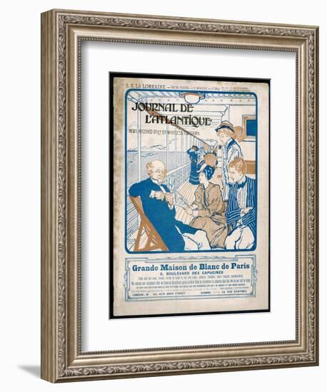 Journal De L'Atlantique, Ship's Newspaper for the 3rd Day of the Atlantic Crossing by La Lorraine-Adolphe Cossard-Framed Art Print