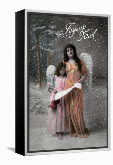 Joyeux Noel - Merry Christmas in French, Little Girl Carols with Angel-Lantern Press-Framed Stretched Canvas