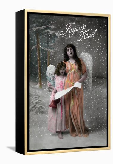 Joyeux Noel - Merry Christmas in French, Little Girl Carols with Angel-Lantern Press-Framed Stretched Canvas