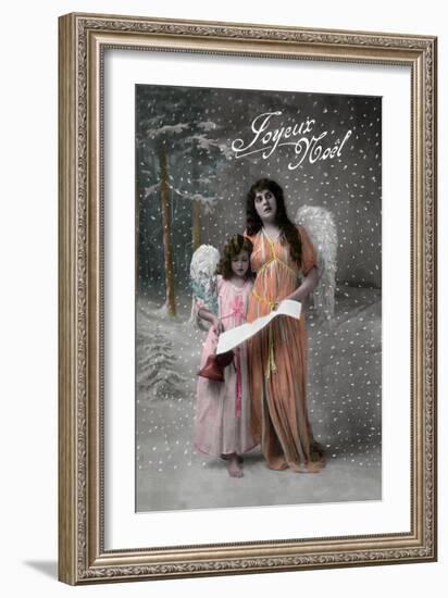 Joyeux Noel - Merry Christmas in French, Little Girl Carols with Angel-Lantern Press-Framed Art Print