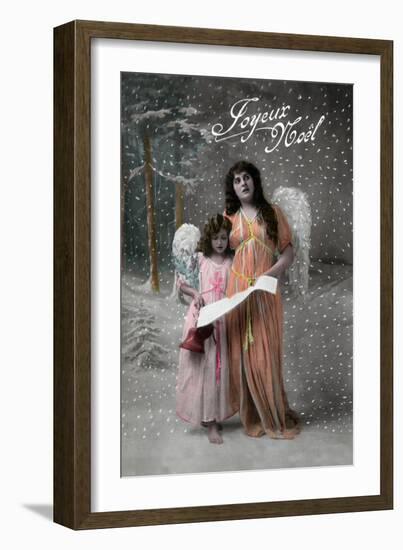 Joyeux Noel - Merry Christmas in French, Little Girl Carols with Angel-Lantern Press-Framed Art Print