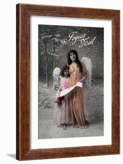 Joyeux Noel - Merry Christmas in French, Little Girl Carols with Angel-Lantern Press-Framed Art Print