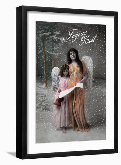 Joyeux Noel - Merry Christmas in French, Little Girl Carols with Angel-Lantern Press-Framed Art Print