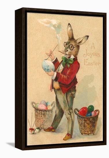 Joyous Easter, Spectacled Rabbit Painting Egg-null-Framed Stretched Canvas