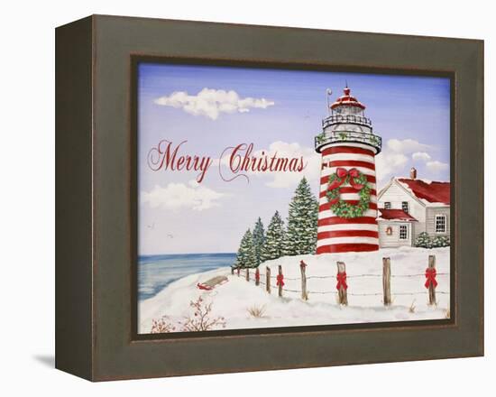 JP3897-Christmas Lighthouse -Merry Christmas-Jean Plout-Framed Premier Image Canvas