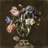 Tulips, Daffodils, Irises and Other Flowers in a Glass Vase on a Sculpted Stand, with a Butterfly-Juan de Arellano-Giclee Print