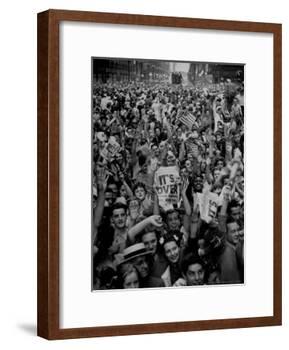 Jubilant Crowd Screaming and Flag Waving as They Mass Together During Vj Day Celebration, State St-Gordon Coster-Framed Photographic Print