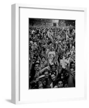 Jubilant Crowd Screaming and Flag Waving as They Mass Together During Vj Day Celebration, State St-Gordon Coster-Framed Photographic Print