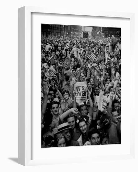 Jubilant Crowd Screaming and Flag Waving as They Mass Together During Vj Day Celebration, State St-Gordon Coster-Framed Photographic Print