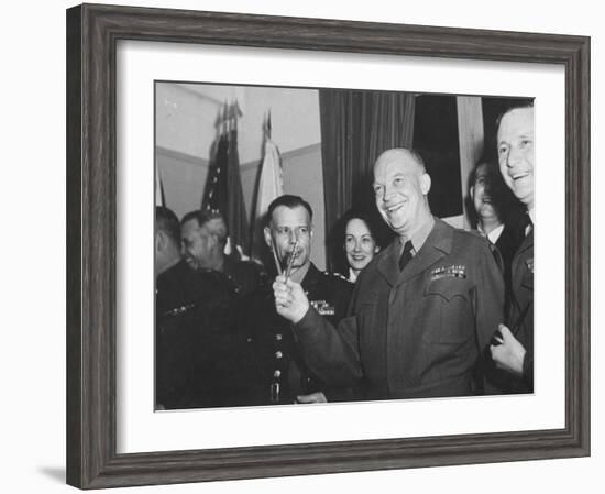 Jubilant Gen. Dwight Eisenhower Holding Pens in V for Victory-Ralph Morse-Framed Photographic Print