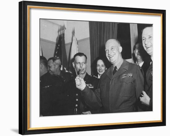 Jubilant Gen. Dwight Eisenhower Holding Pens in V for Victory-Ralph Morse-Framed Photographic Print