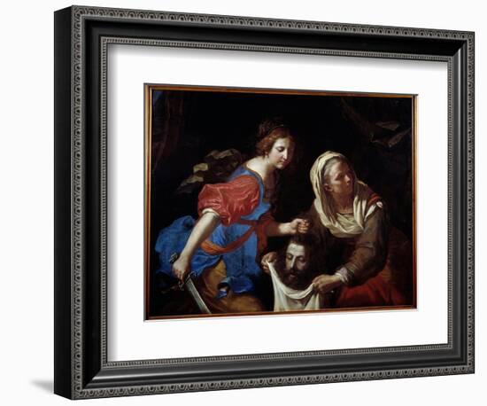 Judith and Holoferne's Head. His Handmaid Abra Holds the Bag While Judith Lays down the Head of The-Guercino (1591-1666)-Framed Giclee Print