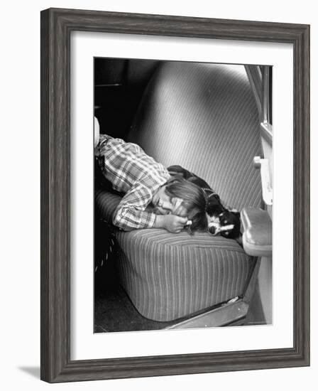 Judy Gordon Lying on Car Seat, Woozy with Car Sickness-Allan Grant-Framed Photographic Print