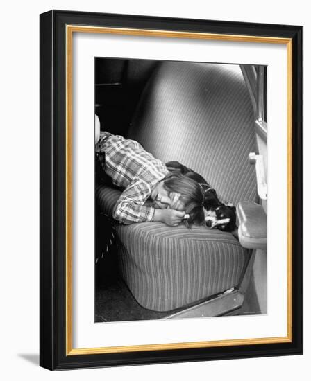 Judy Gordon Lying on Car Seat, Woozy with Car Sickness-Allan Grant-Framed Photographic Print