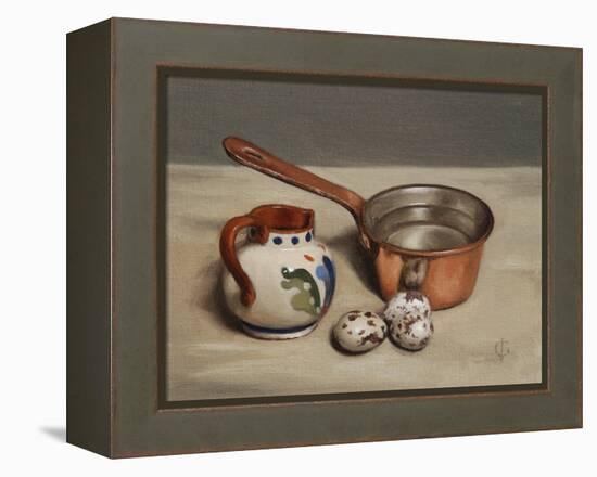 Jug, Copper Pan and Quail Eggs, 2009-James Gillick-Framed Premier Image Canvas