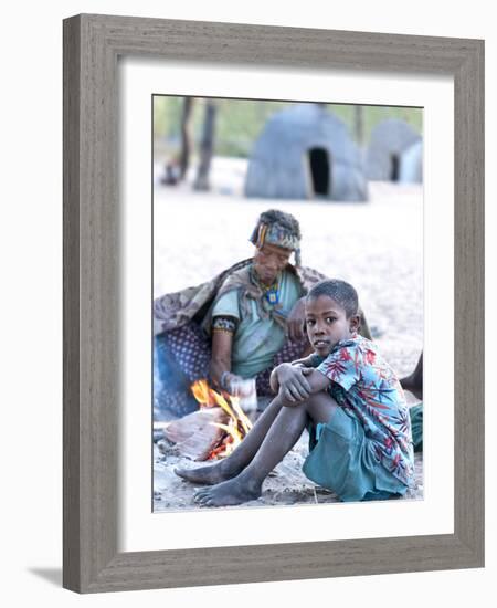 Jul'Hoan !Kung Bushman Boy and His Grandmother in their Village, Bushmanland, Namibia-Kim Walker-Framed Photographic Print
