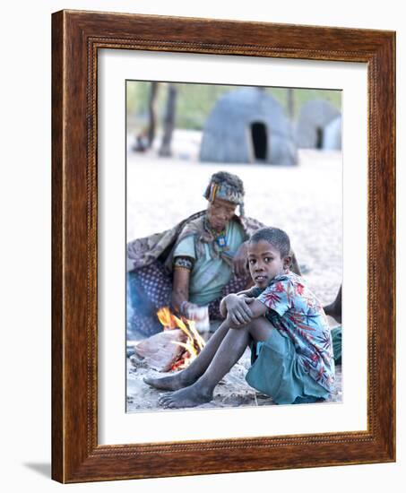 Jul'Hoan !Kung Bushman Boy and His Grandmother in their Village, Bushmanland, Namibia-Kim Walker-Framed Photographic Print