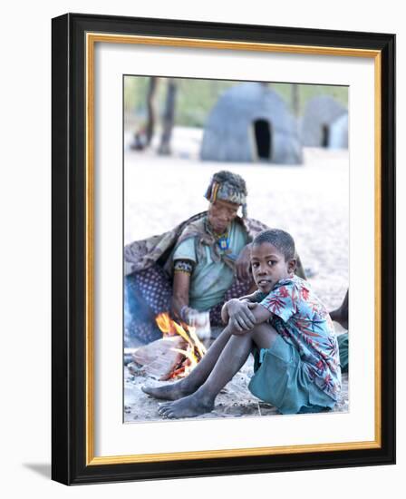 Jul'Hoan !Kung Bushman Boy and His Grandmother in their Village, Bushmanland, Namibia-Kim Walker-Framed Photographic Print