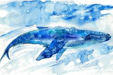 Big Blue Whale and Water.Watercolor Hand Drawn Illustration. Realistic Underwater Animal Art.-Jula_Lily-Art Print