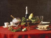 Peaches in a Dresden Tazza, Grapes, Apples, Hazelnuts and Biscuits on a Draped Table-Jules Larcher-Laminated Giclee Print