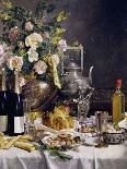 Peaches in a Dresden Tazza, Grapes, Apples, Hazelnuts and Biscuits on a Draped Table-Jules Larcher-Mounted Giclee Print