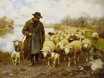 A Shepherd and Sheep by a Lake-Julius Hugo Bergmann-Framed Premier Image Canvas