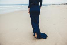 Woman in Gorgeous Blue Dress Walking on the Beach in Cloudy Weather; Back View-JuliyaKosynskaya-Mounted Photographic Print