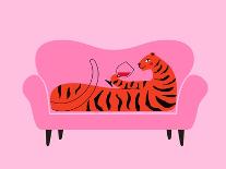 Vector Illustration with Tiger Lying on Sofa and Drinking Red Wine from Glass-julymilks-Premier Image Canvas