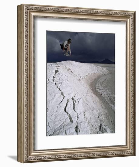 Jumping Above the Borax Deposits on Borders of Laguna Colorado, Bolivia, South America-Aaron McCoy-Framed Photographic Print