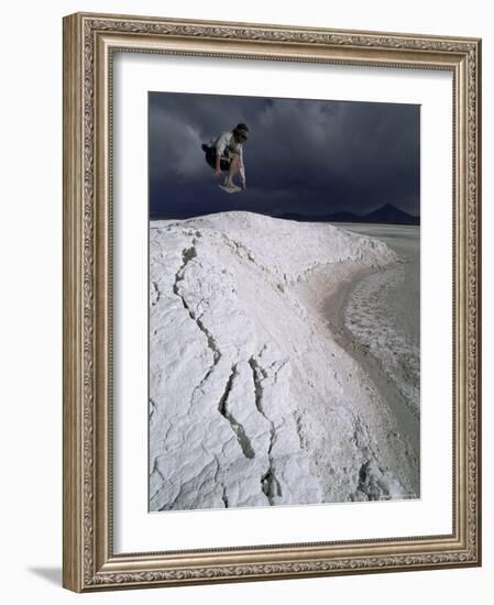 Jumping Above the Borax Deposits on Borders of Laguna Colorado, Bolivia, South America-Aaron McCoy-Framed Photographic Print