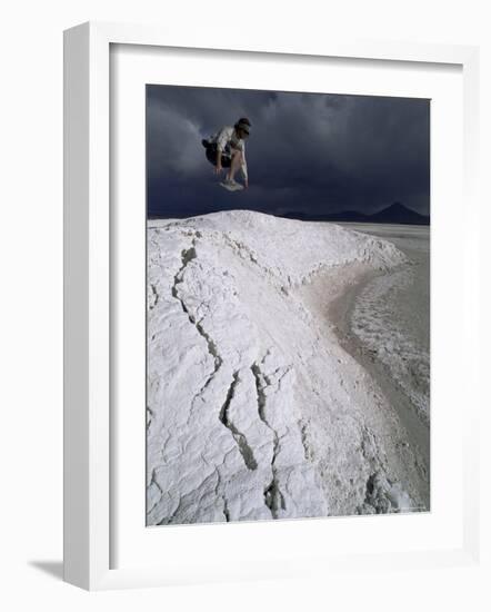 Jumping Above the Borax Deposits on Borders of Laguna Colorado, Bolivia, South America-Aaron McCoy-Framed Photographic Print