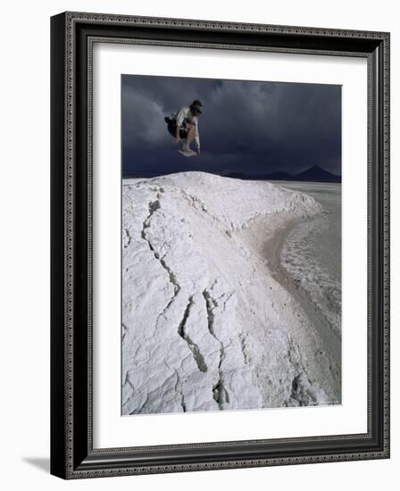 Jumping Above the Borax Deposits on Borders of Laguna Colorado, Bolivia, South America-Aaron McCoy-Framed Photographic Print