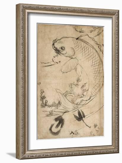 Jumping Carp Sumi Underdrawing on Paper-Yoshitoshi Tsukioka-Framed Giclee Print