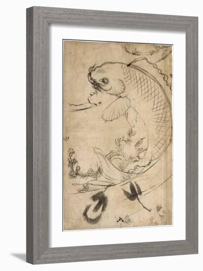 Jumping Carp Sumi Underdrawing on Paper-Yoshitoshi Tsukioka-Framed Giclee Print