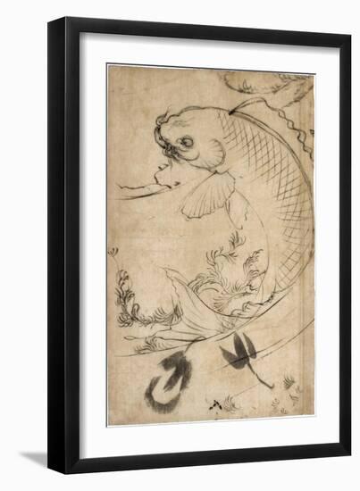Jumping Carp Sumi Underdrawing on Paper-Yoshitoshi Tsukioka-Framed Giclee Print