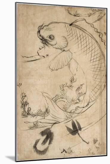 Jumping Carp Sumi Underdrawing on Paper-Yoshitoshi Tsukioka-Mounted Giclee Print