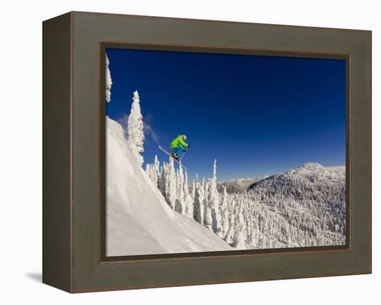 Jumping from Cliff on a Sunny Day at Whitefish Mountain Resort, Montana, Usa-Chuck Haney-Framed Premier Image Canvas