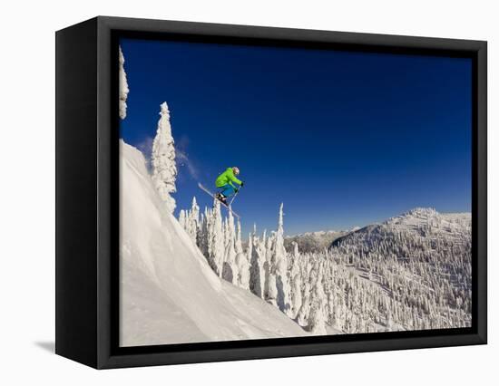 Jumping from Cliff on a Sunny Day at Whitefish Mountain Resort, Montana, Usa-Chuck Haney-Framed Premier Image Canvas