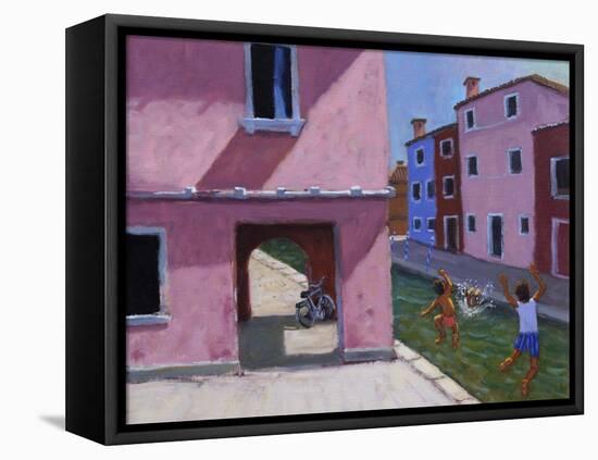 Jumping into the canal, Murano, Venice, 2021 (oil on canvas)-Andrew Macara-Framed Premier Image Canvas