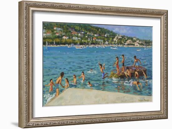 Jumping off the Rocks; Cinque Terre, Positano, Italy, 2000 (Oil on Canvas)-Andrew Macara-Framed Giclee Print