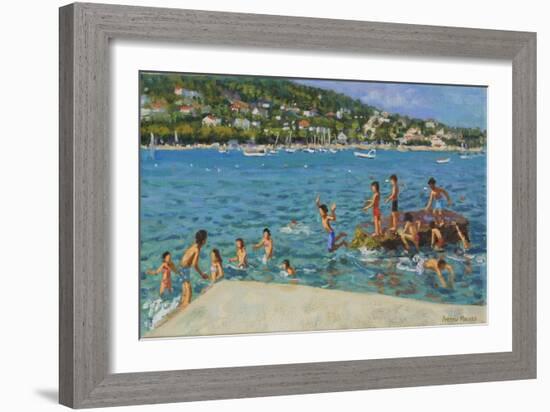 Jumping off the Rocks; Cinque Terre, Positano, Italy, 2000 (Oil on Canvas)-Andrew Macara-Framed Giclee Print