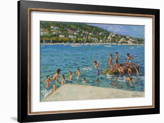 Jumping off the Rocks; Cinque Terre, Positano, Italy, 2000 (Oil on Canvas)-Andrew Macara-Framed Giclee Print