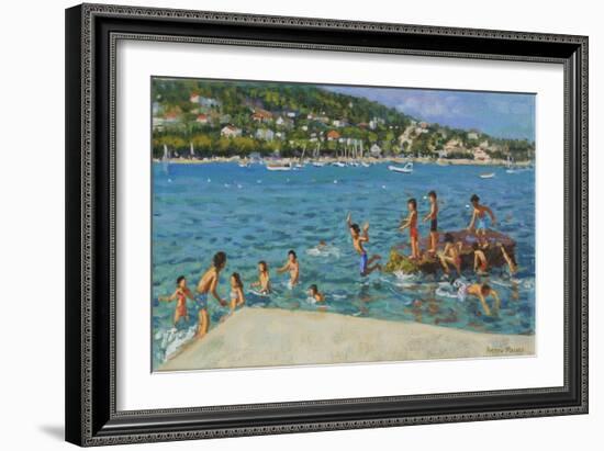 Jumping off the Rocks; Cinque Terre, Positano, Italy, 2000 (Oil on Canvas)-Andrew Macara-Framed Giclee Print