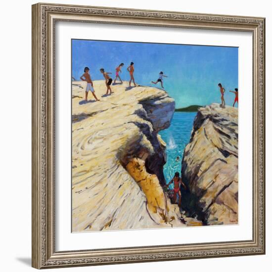 Jumping Off the Rocks, Plates, Skiathos, 2015-Andrew Macara-Framed Giclee Print