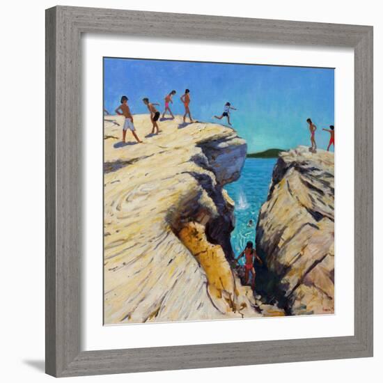 Jumping Off the Rocks, Plates, Skiathos, 2015-Andrew Macara-Framed Giclee Print