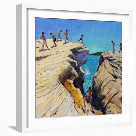 Jumping Off the Rocks, Plates, Skiathos, 2015-Andrew Macara-Framed Giclee Print