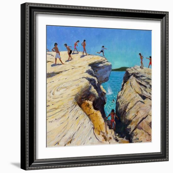 Jumping Off the Rocks, Plates, Skiathos, 2015-Andrew Macara-Framed Giclee Print